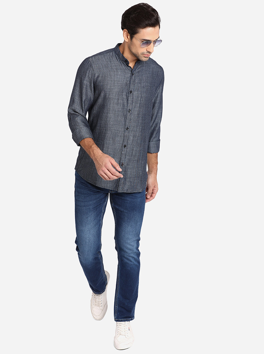 Dark Grey Striped Slim Fit Semi Casual Shirt | Pehervi