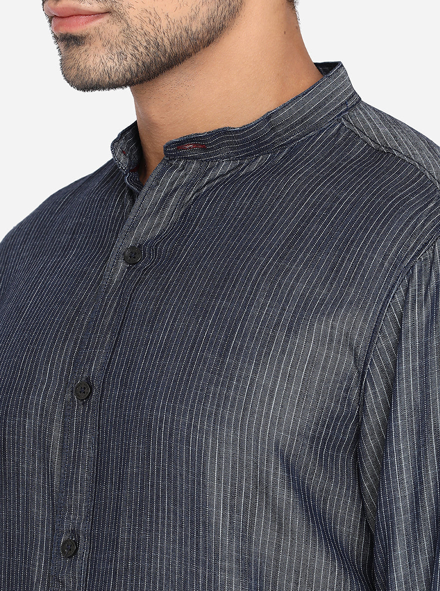 Dark Grey Striped Slim Fit Semi Casual Shirt | Pehervi