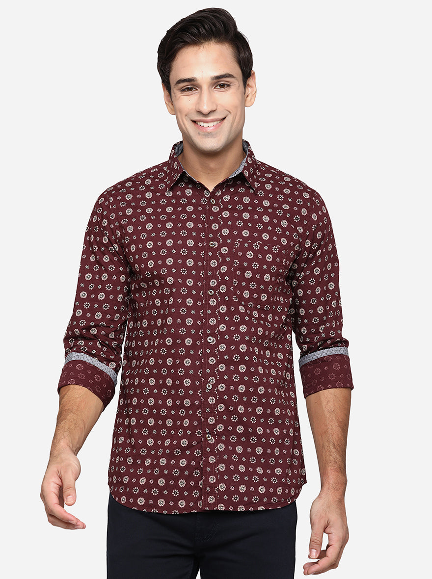 Maroon Printed Slim Fit Semi Casual Shirt | Pehervi