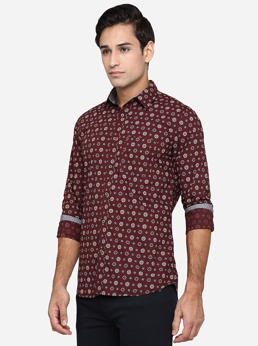 Maroon Printed Slim Fit Semi Casual Shirt | Pehervi