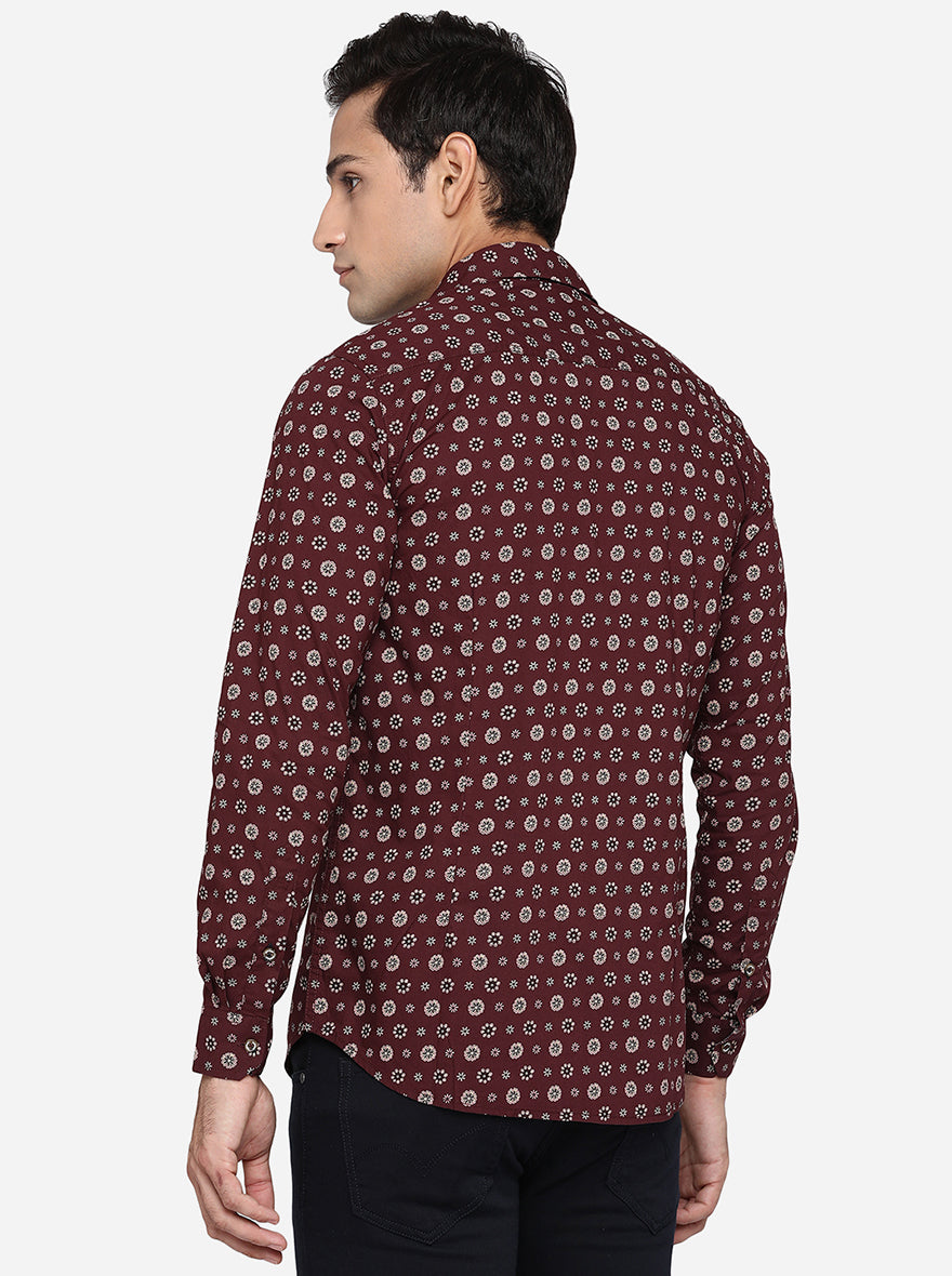 Maroon Printed Slim Fit Semi Casual Shirt | Pehervi