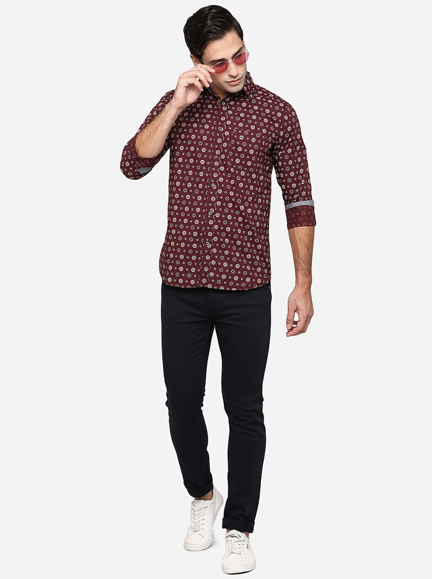 Maroon Printed Slim Fit Semi Casual Shirt | Pehervi