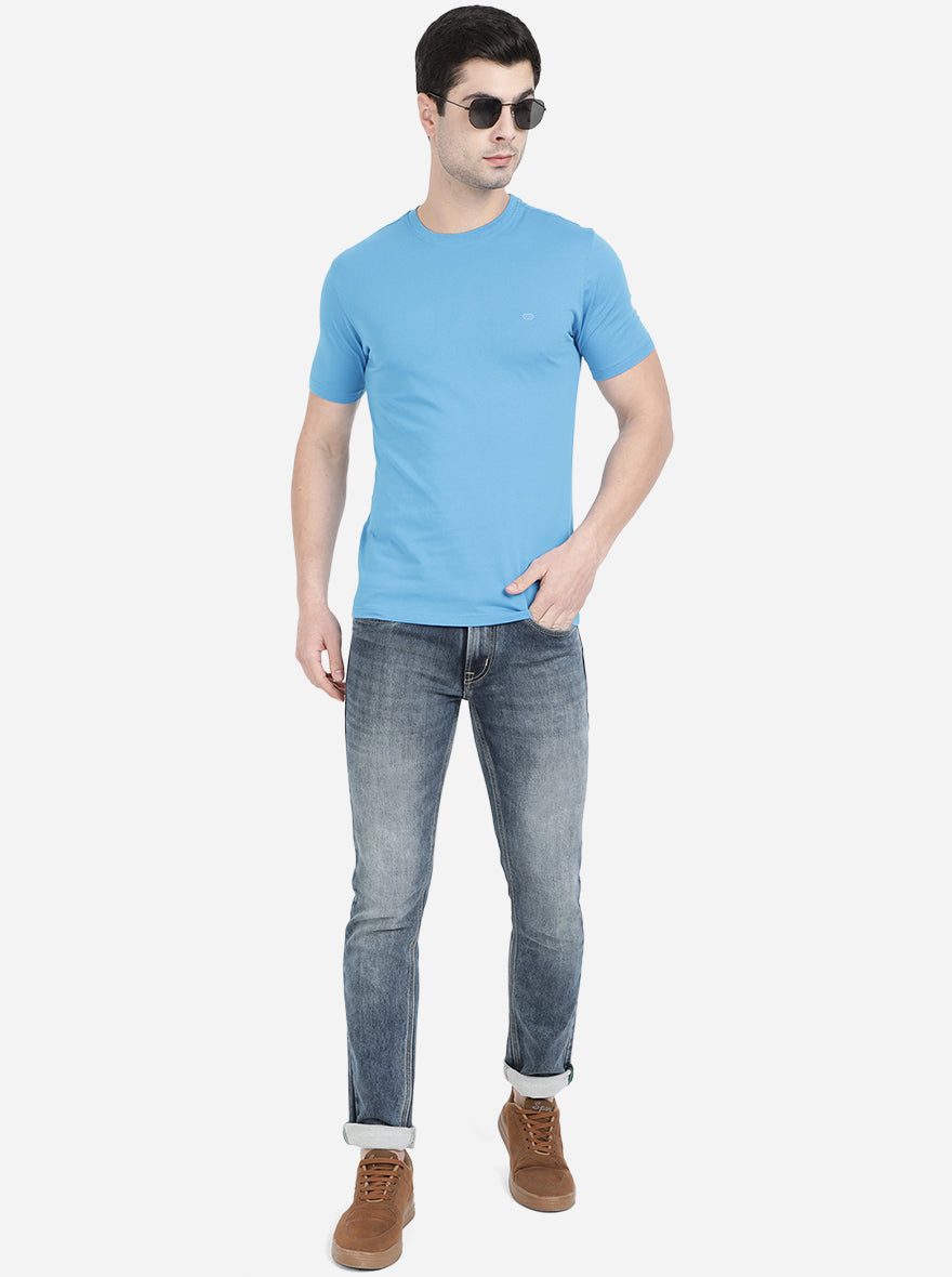 Light Blue Solid Slim Fit T-Shirt | pehervi