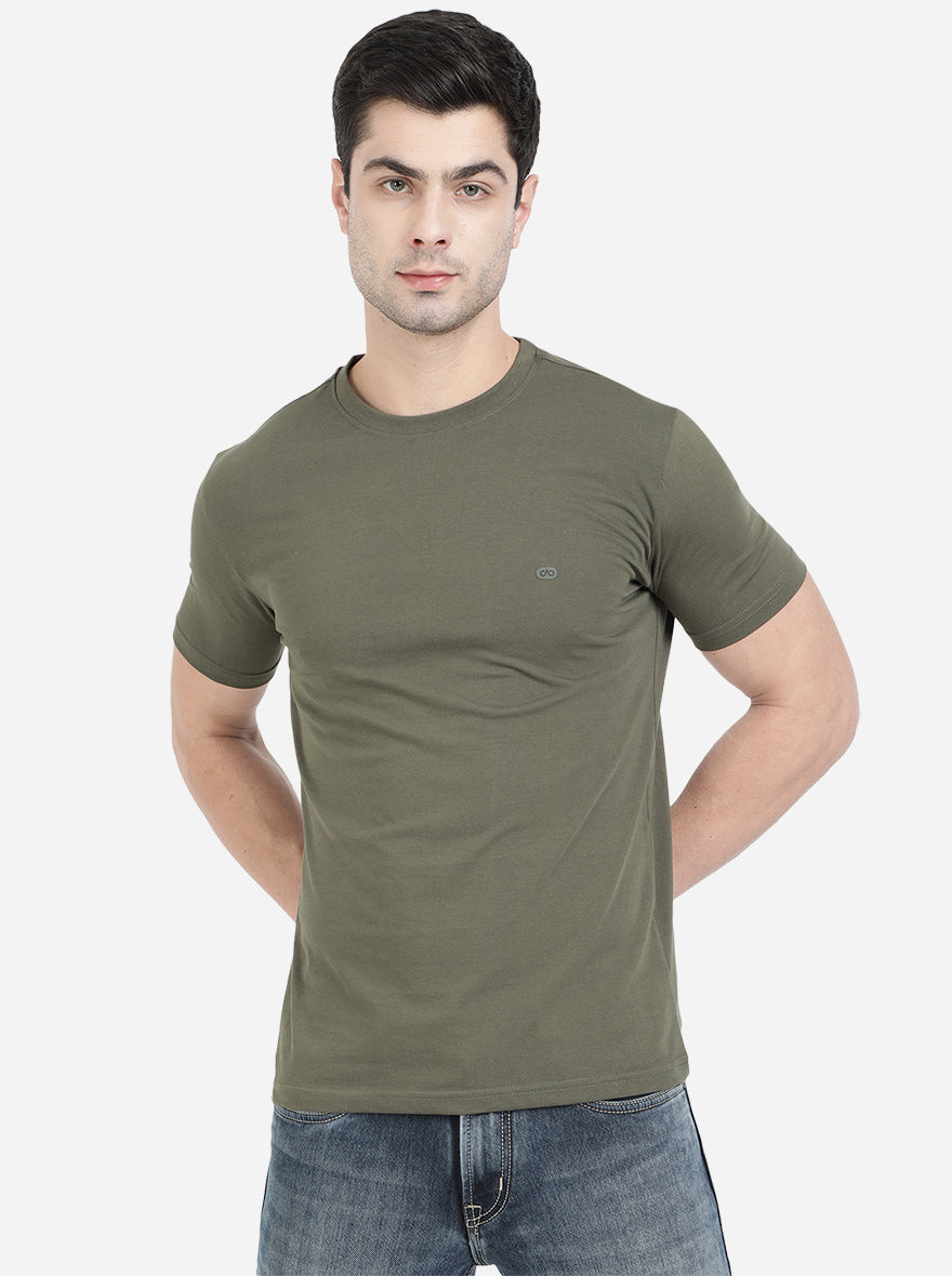 Olive Green Solid Slim Fit T-Shirt | pehervi