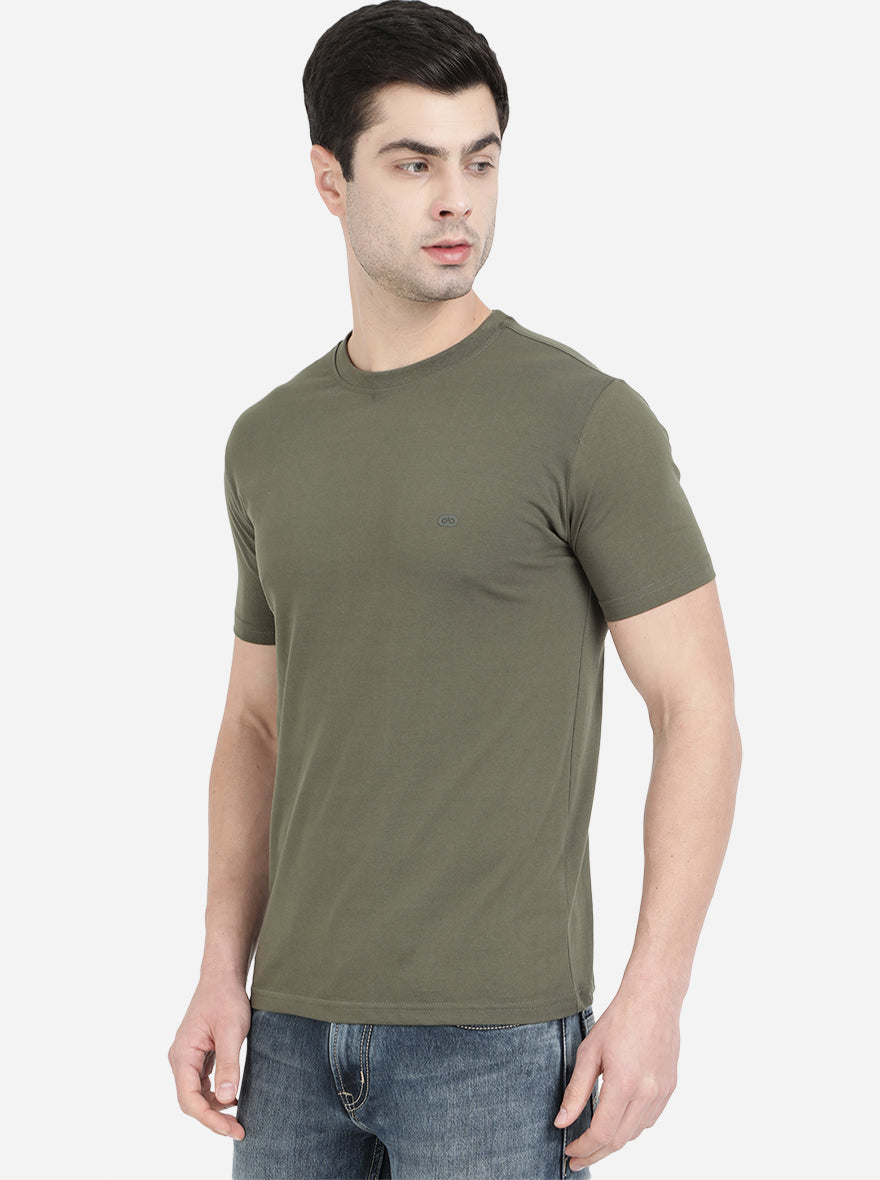 Olive Green Solid Slim Fit T-Shirt | pehervi
