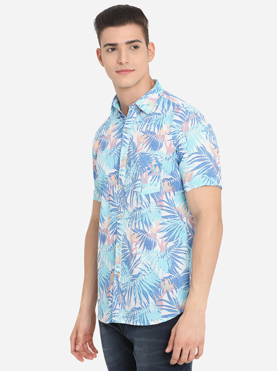 Blue Printed Slim Fit Semi Casual Shirt | Pehervi