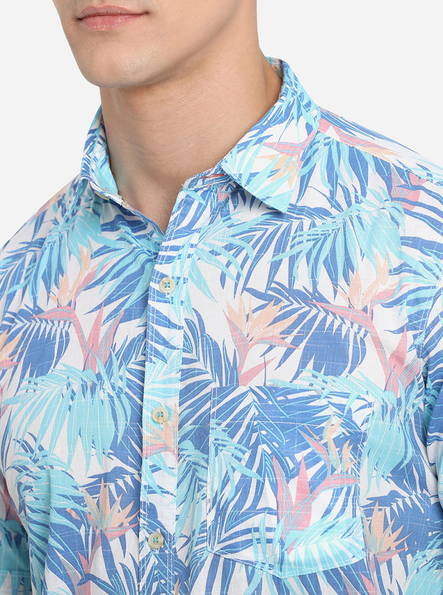 Blue Printed Slim Fit Semi Casual Shirt | Pehervi