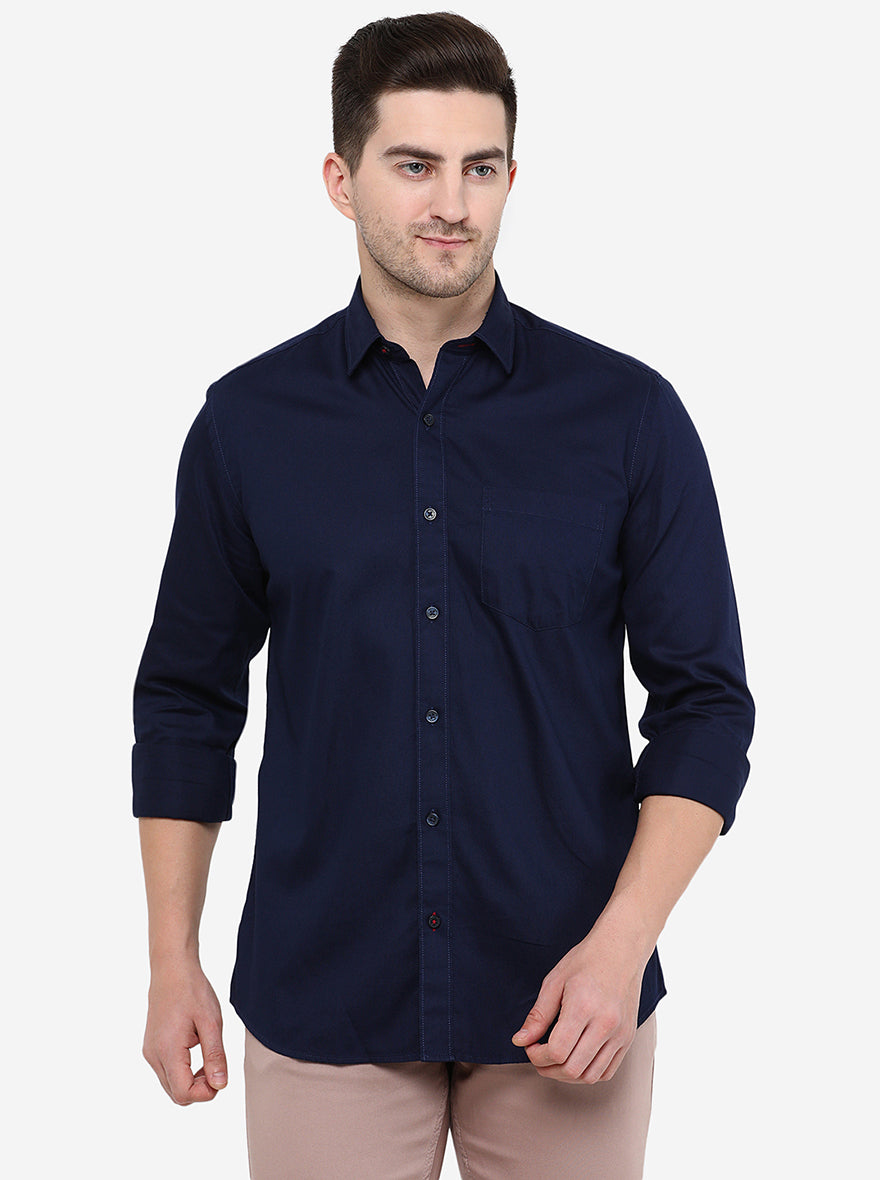 Navy Blue Solid Smart Fit Semi Casual Shirt | Pehervi