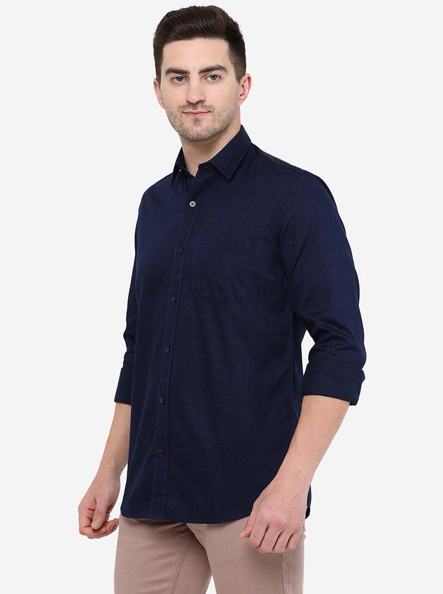 Navy Blue Solid Smart Fit Semi Casual Shirt | Pehervi