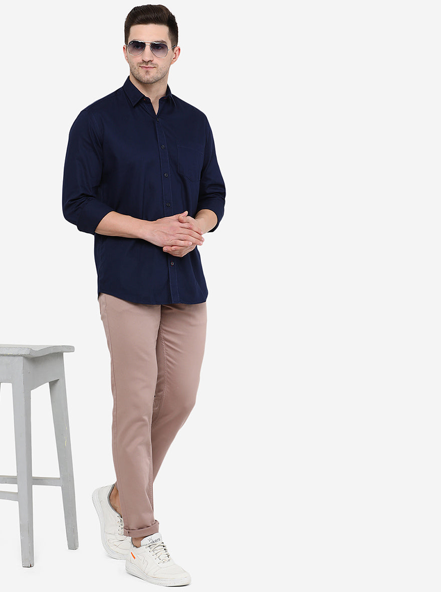 Navy Blue Solid Smart Fit Semi Casual Shirt | Pehervi
