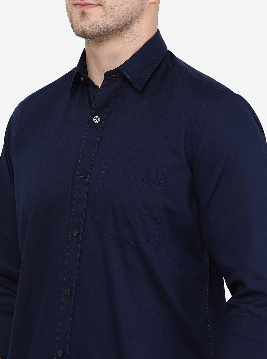 Navy Blue Solid Smart Fit Semi Casual Shirt | Pehervi