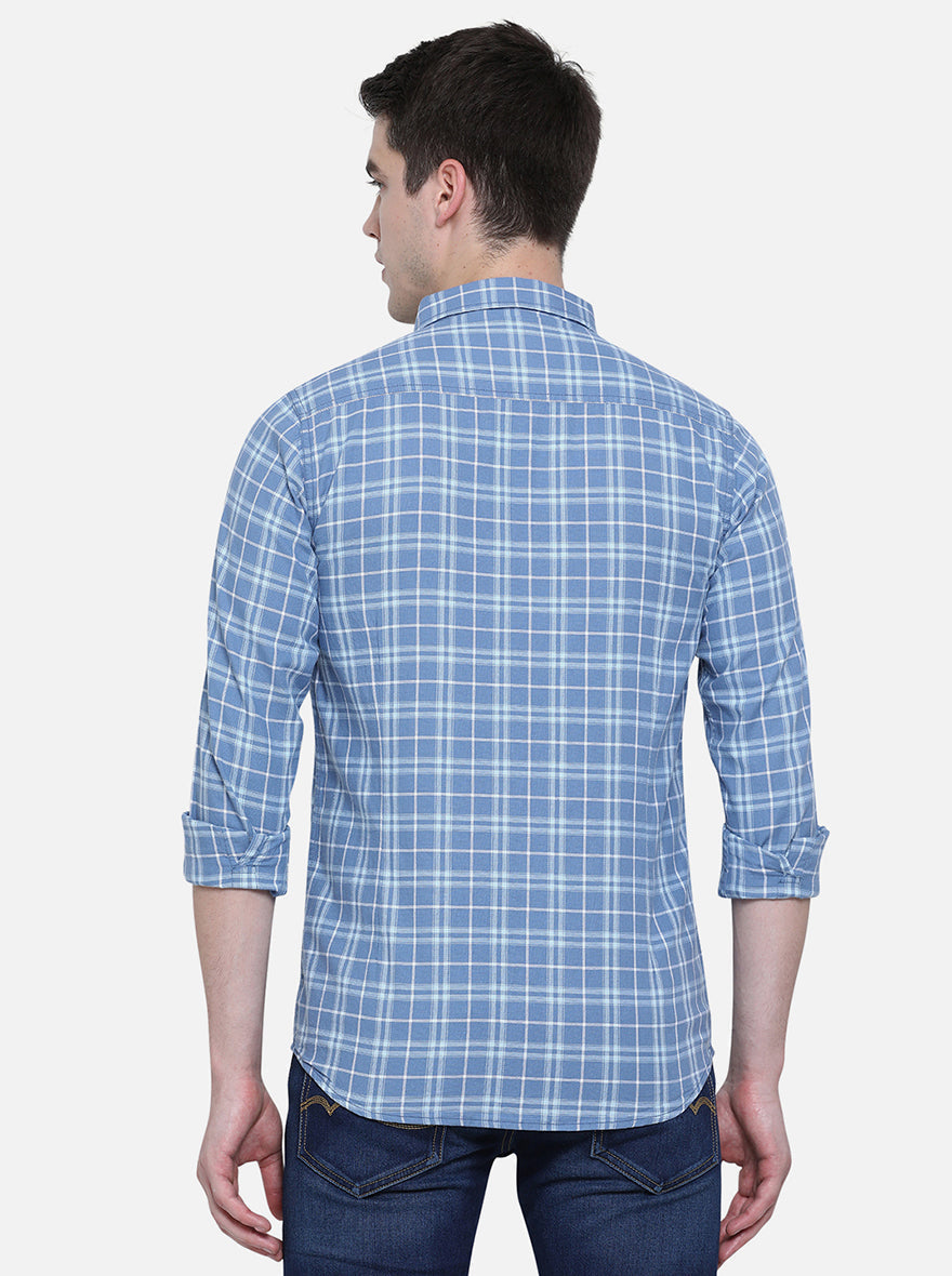 Copen Blue Checked Slim Fit Semi Casual Shirt | Pehervi