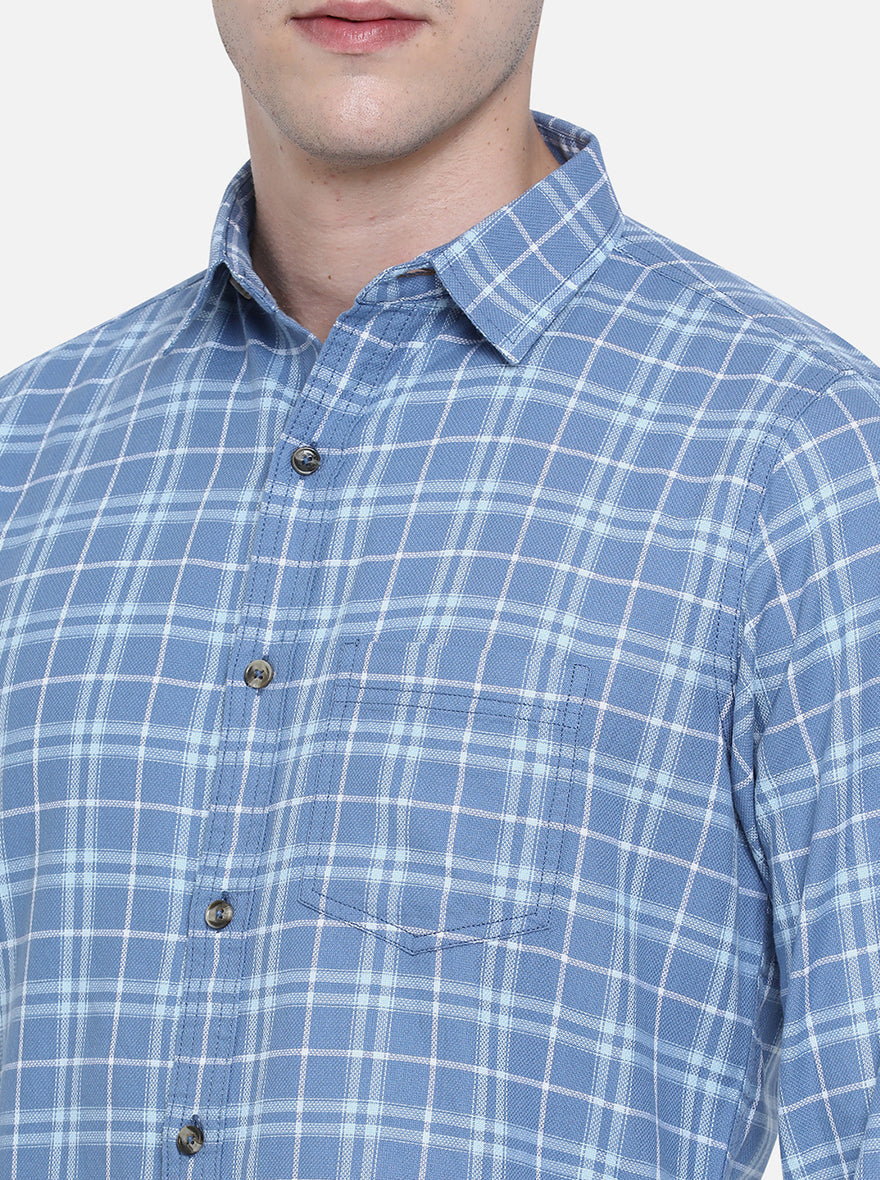 Copen Blue Checked Slim Fit Semi Casual Shirt | Pehervi