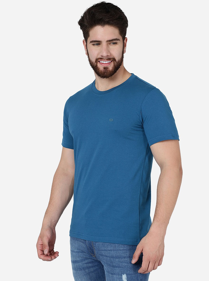 Seaport Blue Solid Slim Fit T-Shirt | pehervi