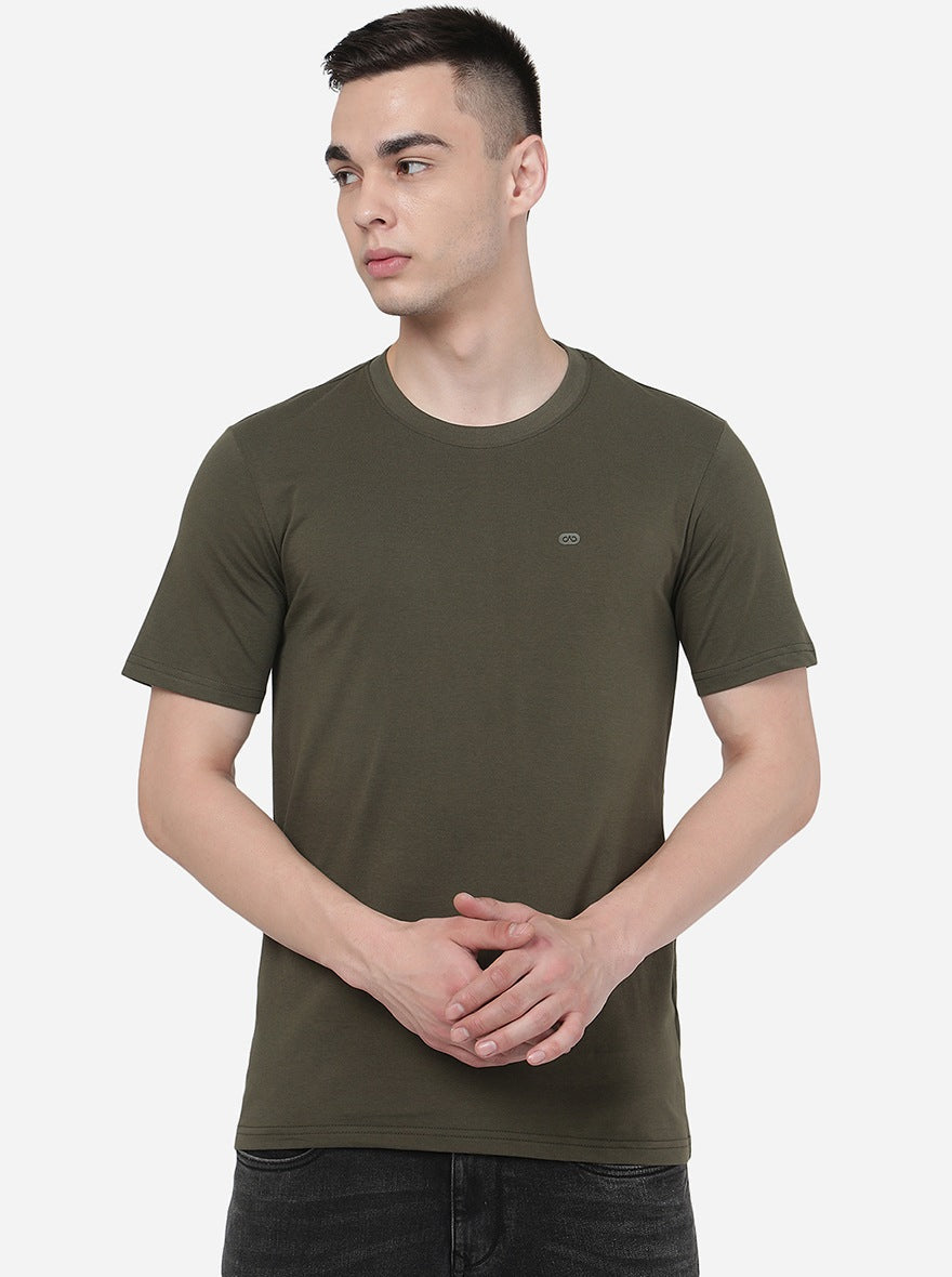 Olive Green Solid Slim Fit T-Shirt | pehervi