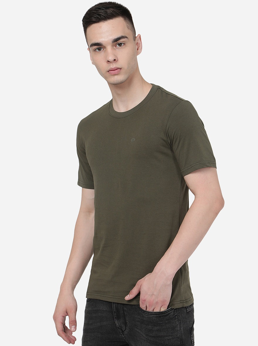 Olive Green Solid Slim Fit T-Shirt | pehervi