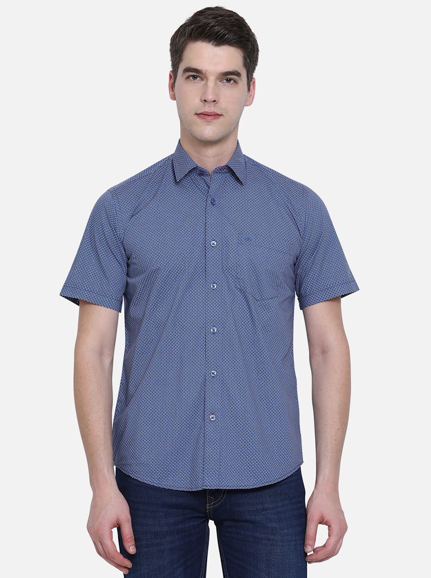 Bijou Blue Printed Slim Fit Semi Casual Shirt | Pehervi