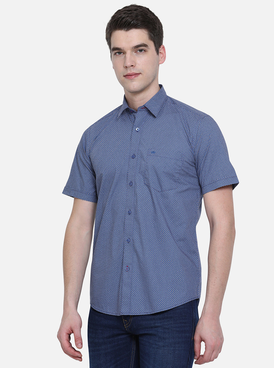 Bijou Blue Printed Slim Fit Semi Casual Shirt | Pehervi
