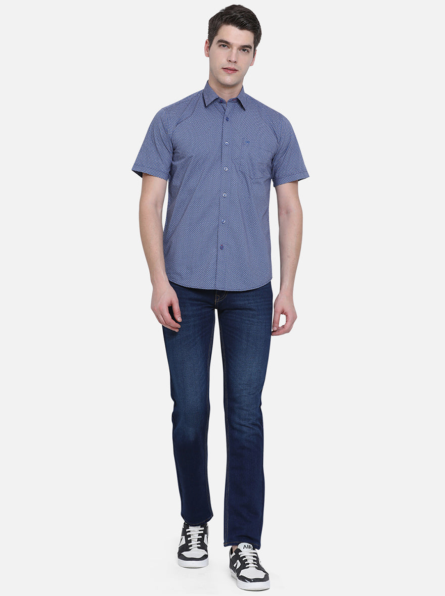 Bijou Blue Printed Slim Fit Semi Casual Shirt | Pehervi